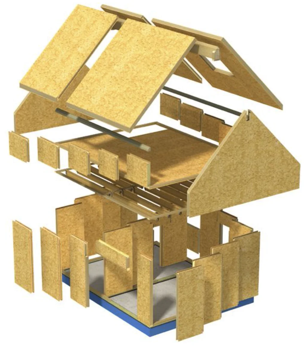 Exploded technical view of SIP wall, floor, and roof components forming a house enclosure